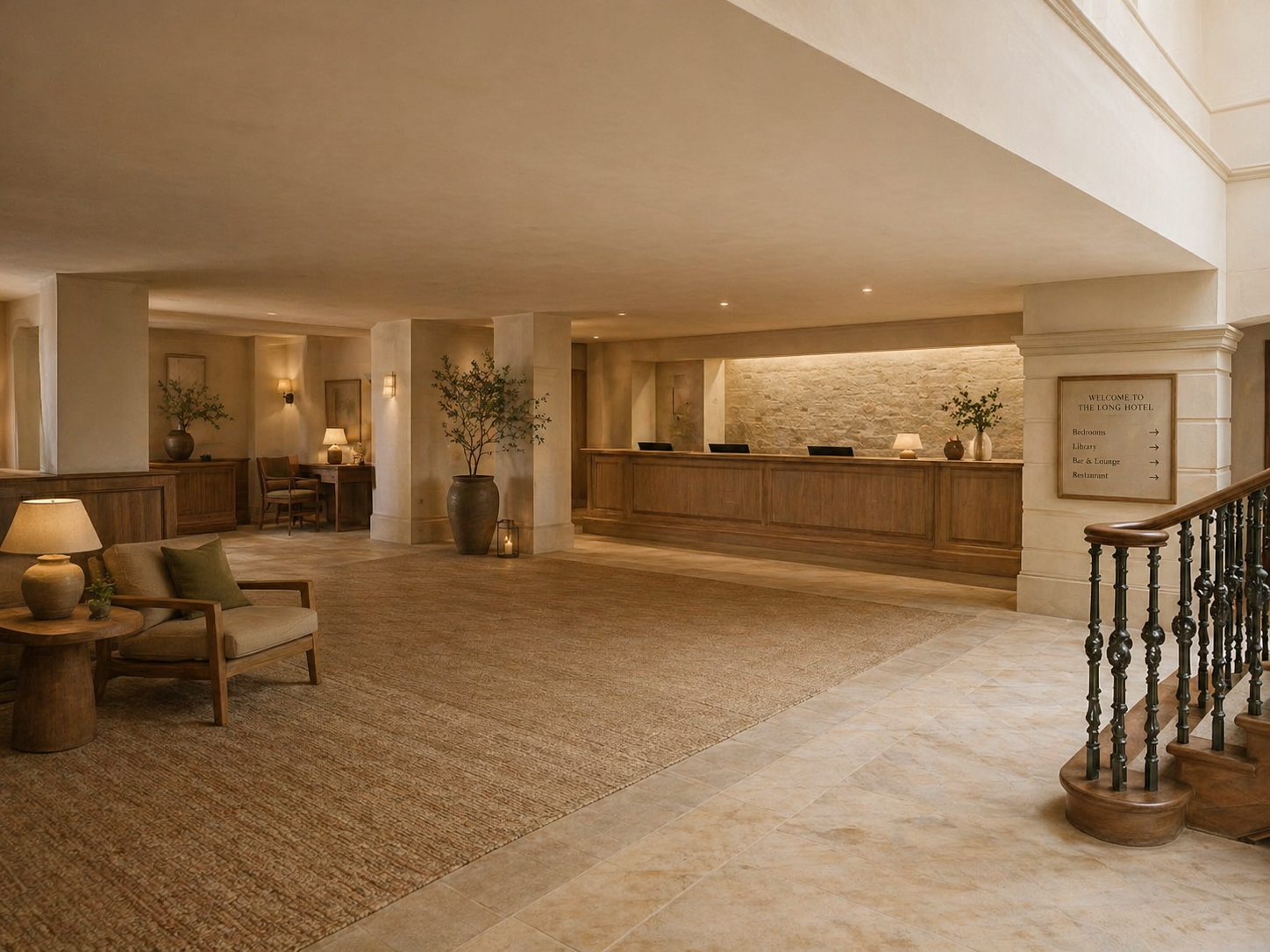The Long Hotel reception under the proposed direction — limewashed walls, a stone-clad desk recess, woven rug, and warm low lighting.